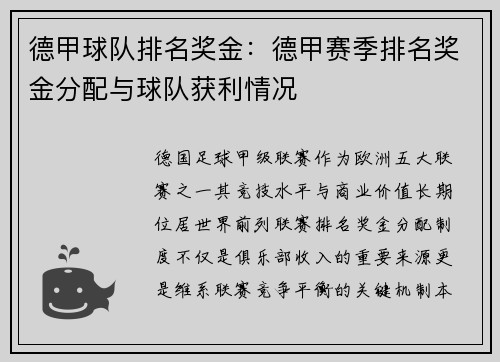 德甲球队排名奖金：德甲赛季排名奖金分配与球队获利情况